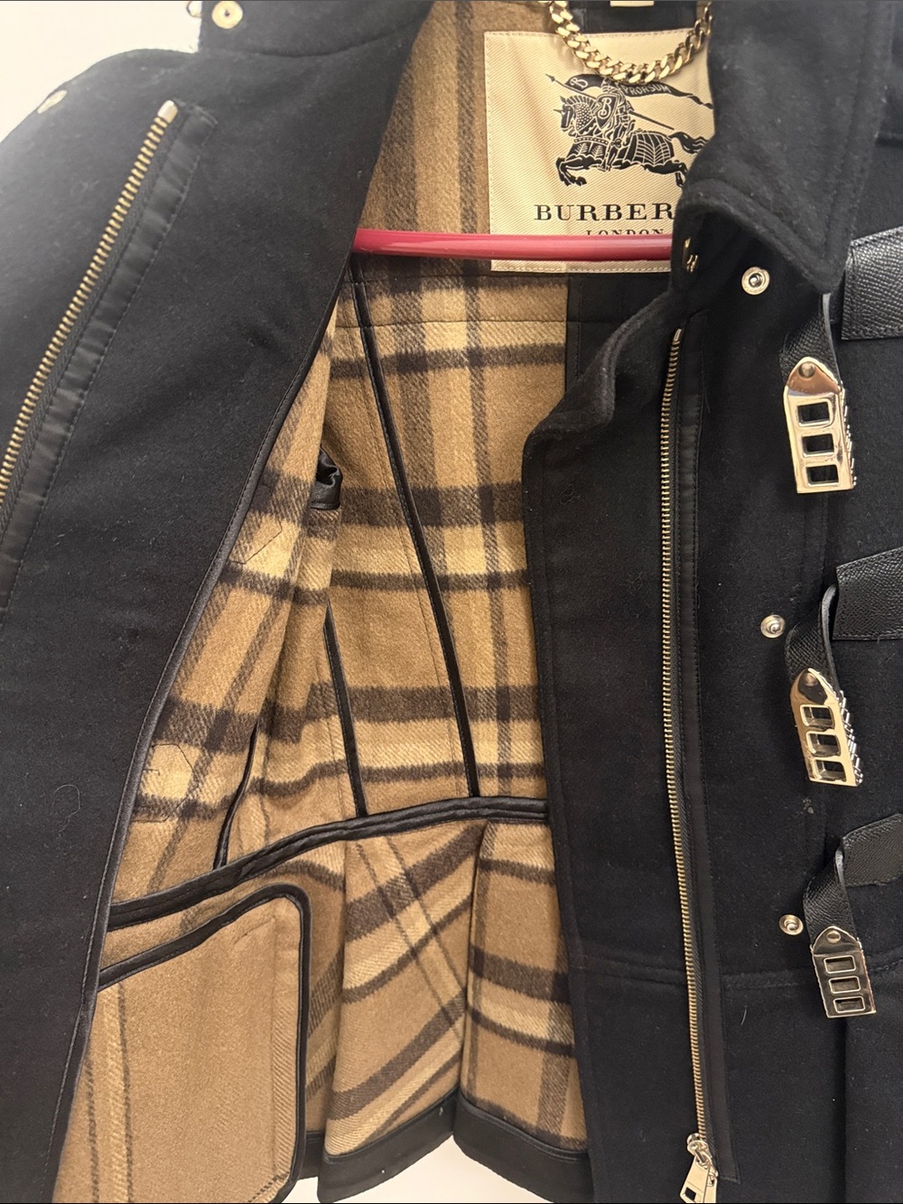 Burberry Black Wool Pea Coat with Leather Sleeves - Picture 3 of 4